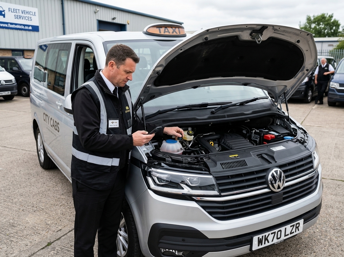 Driver inspecting engine bonnet fluids