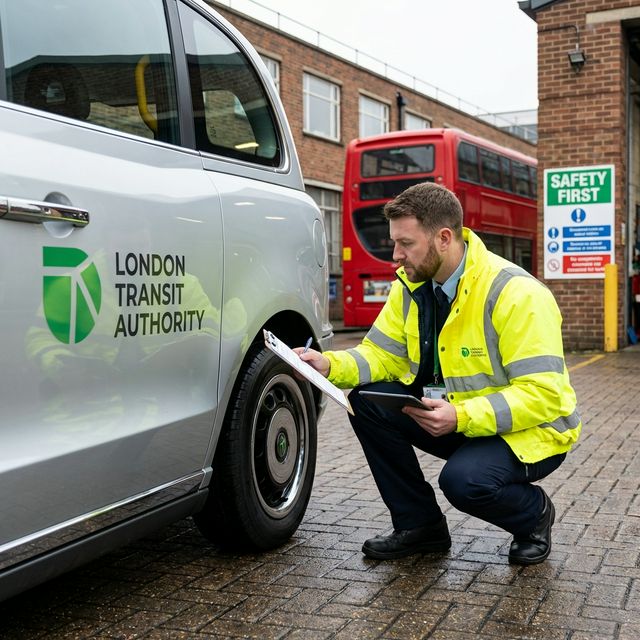 Driver conducting a DVSA standard daily walkaround check on a vehicle