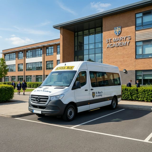 Modern white school minibus providing safe and secure pupil transport