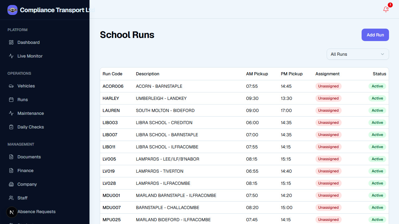 Compliance Transport Live Operations Dashboard